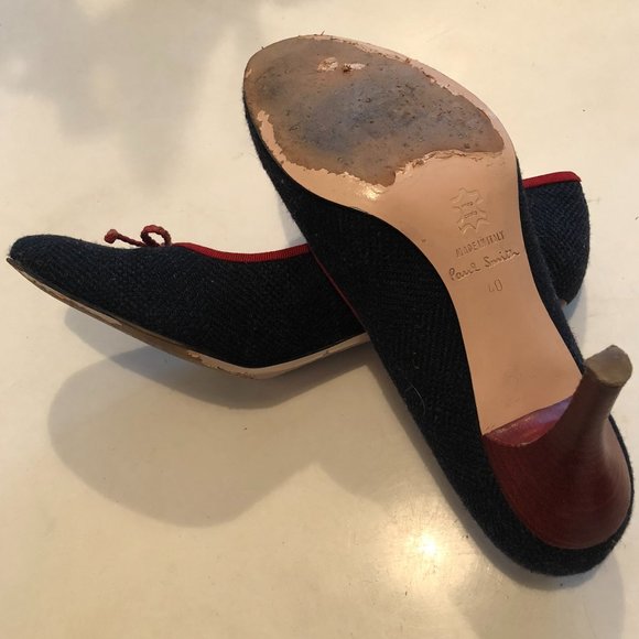 Vintage PAUL SMITH Navy Herringbone Tweed pumps trimmed with Red Grosgrain Trim - Picture 11 of 13